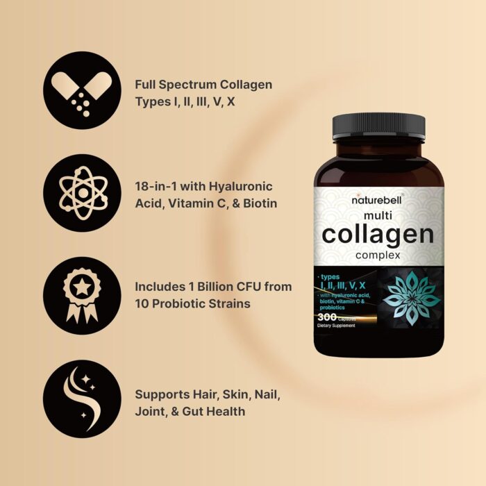 NatureBell Multi Collagen Complex, 300 Capsules | 5 Collagen Peptides (Type I, II, III, V, X) Plus Hyaluronic Acid, Biotin, Vitamin C, & Probiotics – Hair, Skin, Nail, Joint, & Gut Health Support - Image 4