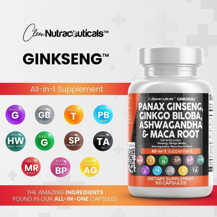 Clean Nutraceuticals Panax Ginseng Ginkgo Biloba Ashwagandha Maca Root - Focus Supplement Pills for Women and Men with Pine Bark Extract, Garlic, and Saw Palmetto - 60 Caps - Image 5