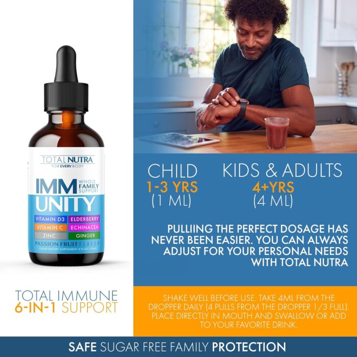 Total Immune 6-in-1 Liquid Multivitamin Supplement | 100% Daily Zinc, Vitamin D3, Vitamin C Immunity Drops Vitamin Liquid | Elderberry, Echinacea, Ginger Support for Adults & Kids | 4 oz Passion Fruit - Image 5