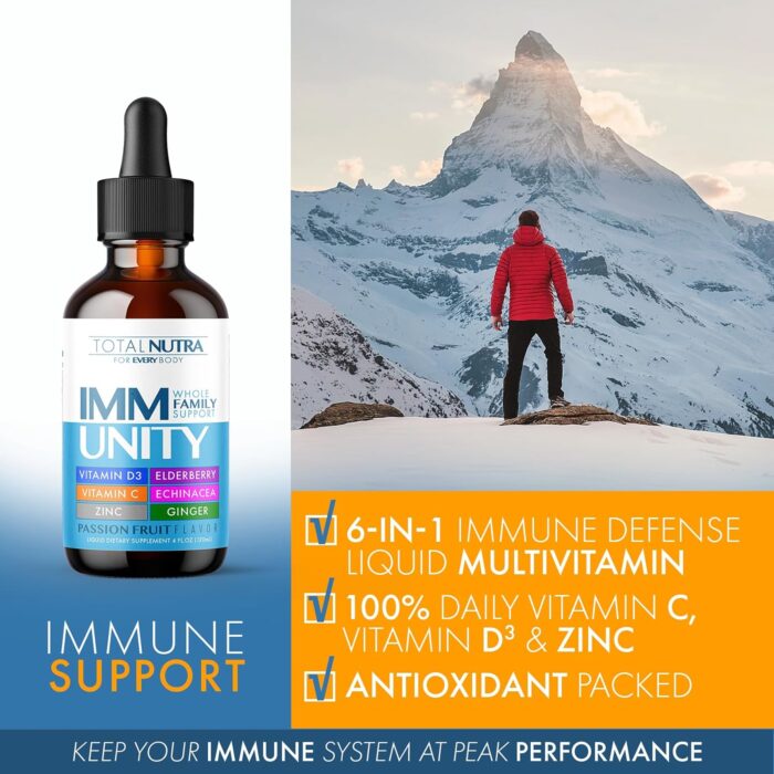Total Immune 6-in-1 Liquid Multivitamin Supplement | 100% Daily Zinc, Vitamin D3, Vitamin C Immunity Drops Vitamin Liquid | Elderberry, Echinacea, Ginger Support for Adults & Kids | 4 oz Passion Fruit - Image 7