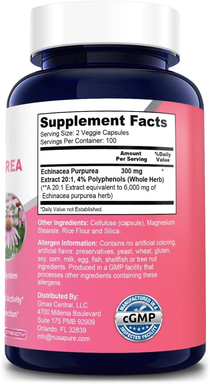 NusaPure Echinacea 20:1 Extract, 300 mg Equivalent to 6,000mg 200 Veggie Caps, Vegan, Non-GMO, Gluten Free Supplement - Image 3