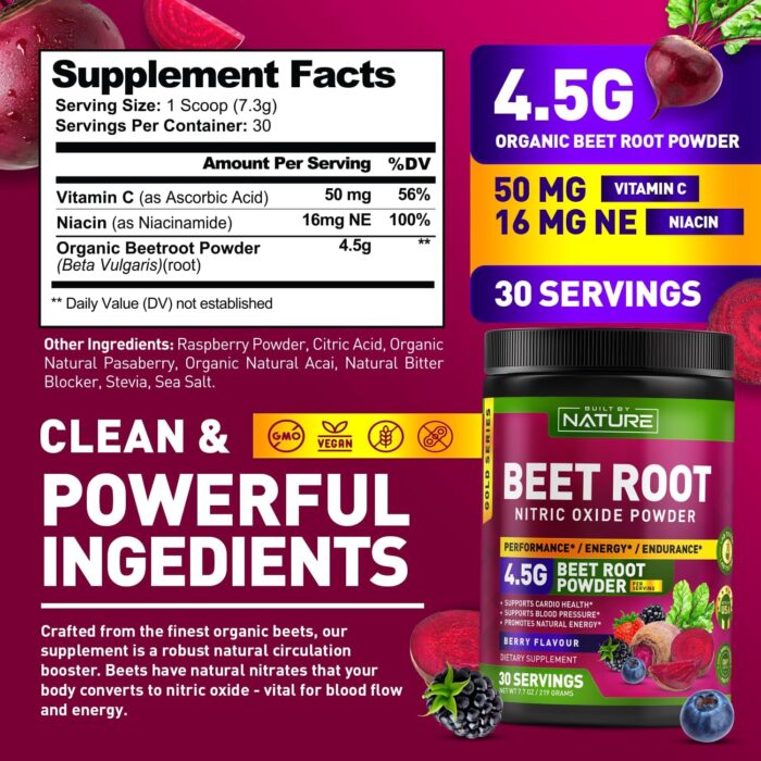 Beet Root Nitric Oxide Powder Supplement - Organic Beetroot Super Food Performance Booster for Circulation, Energy, Stamina, Blood Flow and Heart Health - Vegan, Non-GMO - Berry Flavor - 30 Servings - Image 3
