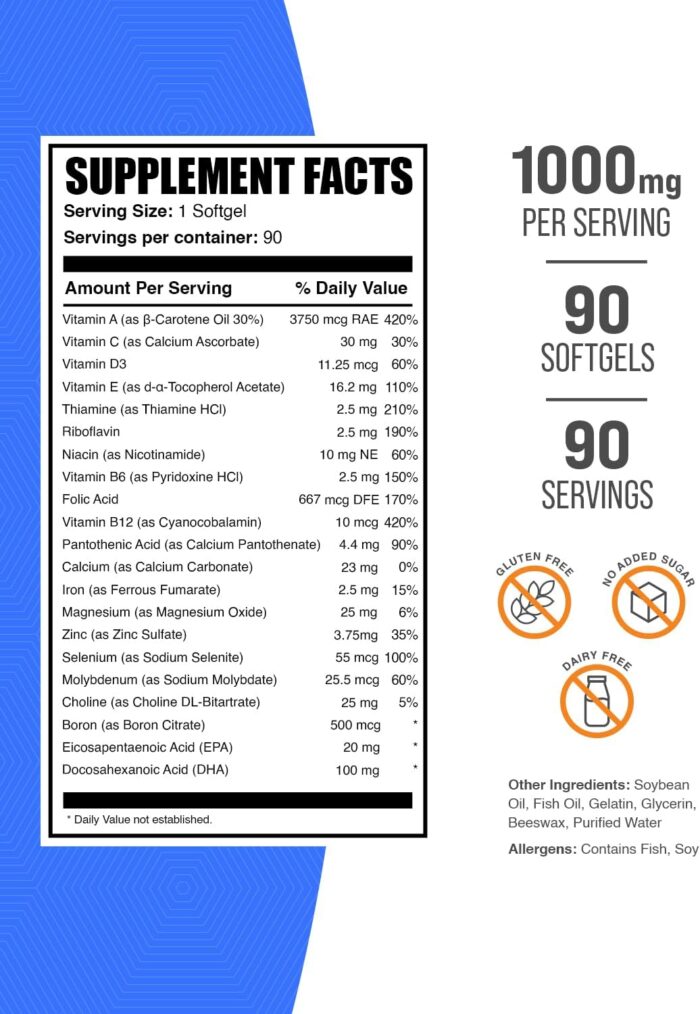 BulkSupplements.com Multivitamin for Men Softgels - Daily Multivitamin, Multimineral Supplement, with Fish Oil - Gluten Free, 1 Softgel per Serving, 90 Count (Pack of 1) - Image 3