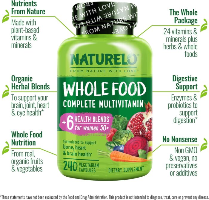 NATURELO Whole Food Multivitamin for Women 50+ (Iron Free) with Vitamins, Minerals, & Organic Extracts - Supplement for Post Menopausal Women Over 50 - No GMO - 240 Vegan Capsules - Image 3