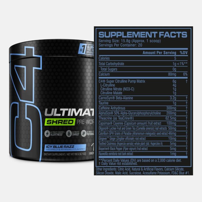 Cellucor C4 Ultimate Shred Pre Workout Powder for Men & Women, Metabolism Supplement with Ginger Root Extract, ICY Blue Razz, 20 Servings (Pack of 1) - Image 3