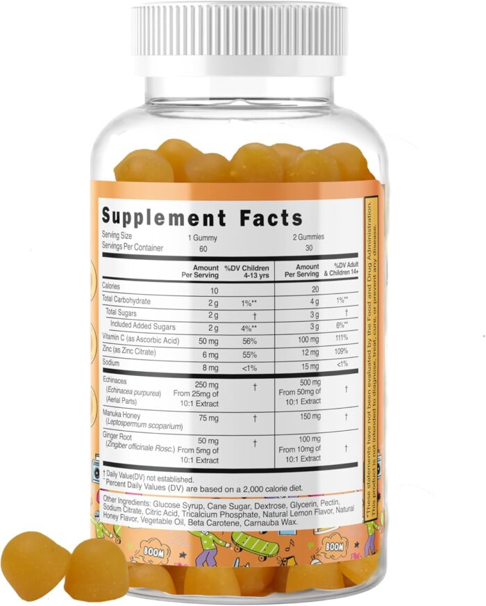 5-in-1 Kid's Immune Support Gummy, Manuka Honey, Vitamin C, Zinc, Echinacea, Ginger, Gummy Supplement, Essential Immune Support Gummies for Daily Use, Natural Citrus Flavored - 60 Count - Image 7