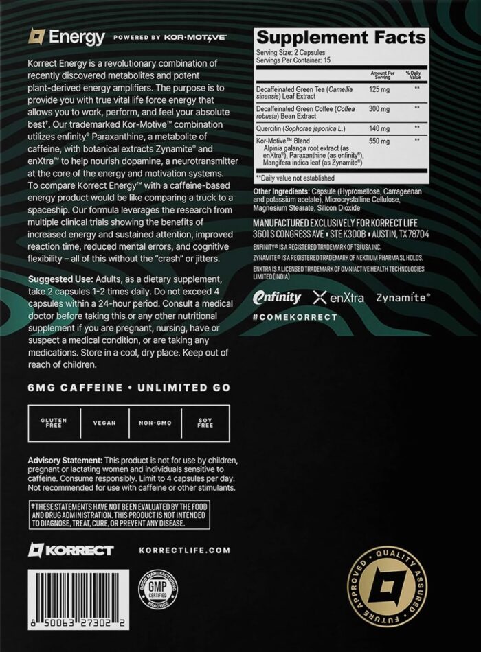 Korrect Enfinity Energy Supplement for Men & Women | Mental Clarity, Focus, Memory | Paraxanthine, Sustained Attention| Jitter-Free Stamina |3rd Party Lab Tested, Non-GMO, cGMP Certified 30 Capsules - Image 3
