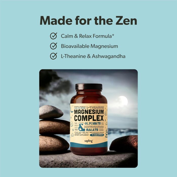 Magnesium Glycinate Complex Supplement - Chelated Magnesium Glycinate with Malate, Organic Ashwagandha, L-theanine & Blue Spirulina - High Absorption, Vegan, Non-GMO, 300mg, 90 Veggie Caps - Image 3