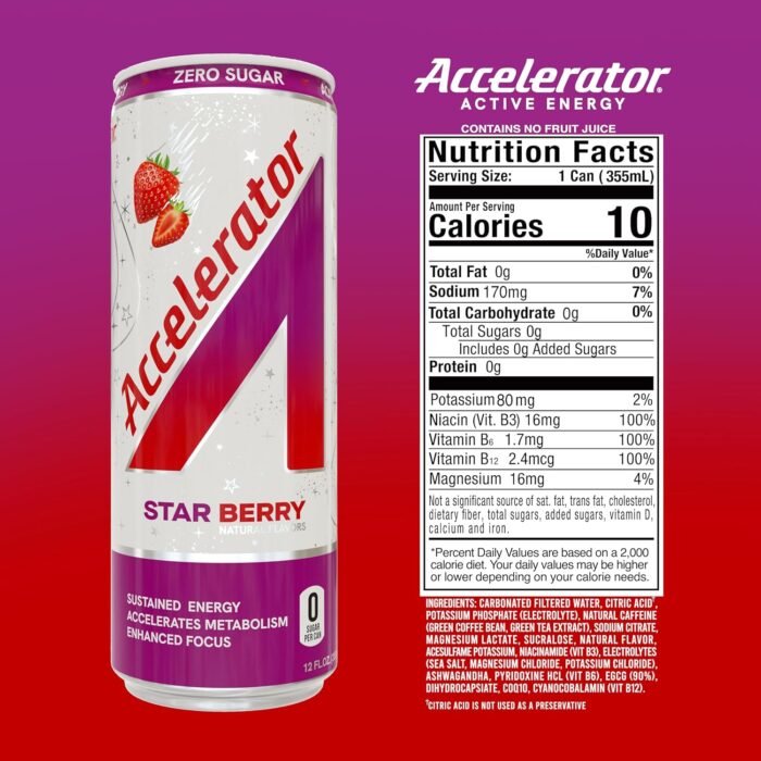 Accelerator Active Energy Drink Sugar Free Zero Carbs, Star Berry 12oz can(12 pack) Enhanced Focus & Sustained Energy from 100% Natural Caffeine (200mg), Ashwagandha, Coq10 & Green Tea Extract - Image 3