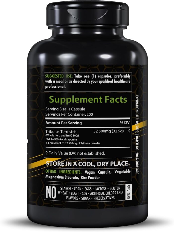 Tribulus Terrestris Extract 32,500mg | 200 Veg Capsules | Maximum Strength | Non-GMO | Gluten-Free - Image 3