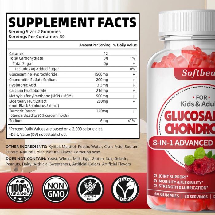 softbear Glucosamine Chondroitin Gummies Sugar Free, Extra Strength Glucosamine Chondroitin Supplement for Natural Joint Support, Raspberry Flavored 120 Count - Image 3