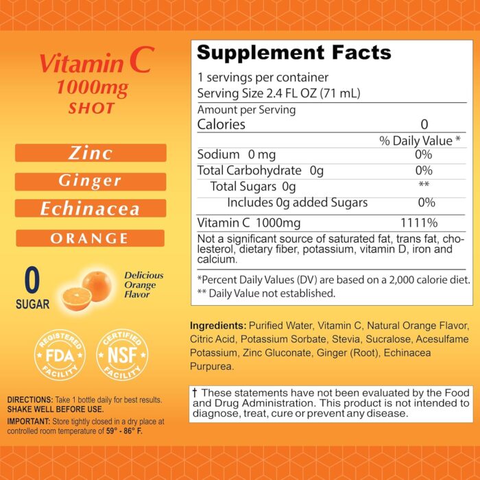 Vitamin C Shot 1000MG - Immunity Booster with Zinc, Ginger, & Echinacea - Protect Your Immunity - Fight The Common Cold - Orange Flavor - 2.4 FL Oz Bottle - 20 Pack - Image 3