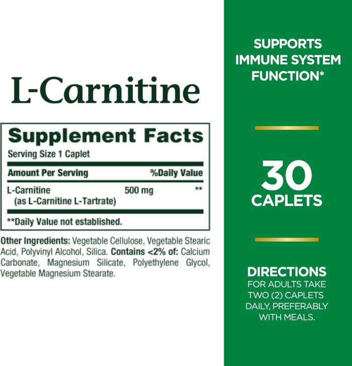 Nature's Bounty L-Carnitine, Supports Heart Health & Fat Metabolism, Amino Acid Supplement, 500 mg, 30 Tablets - Image 3