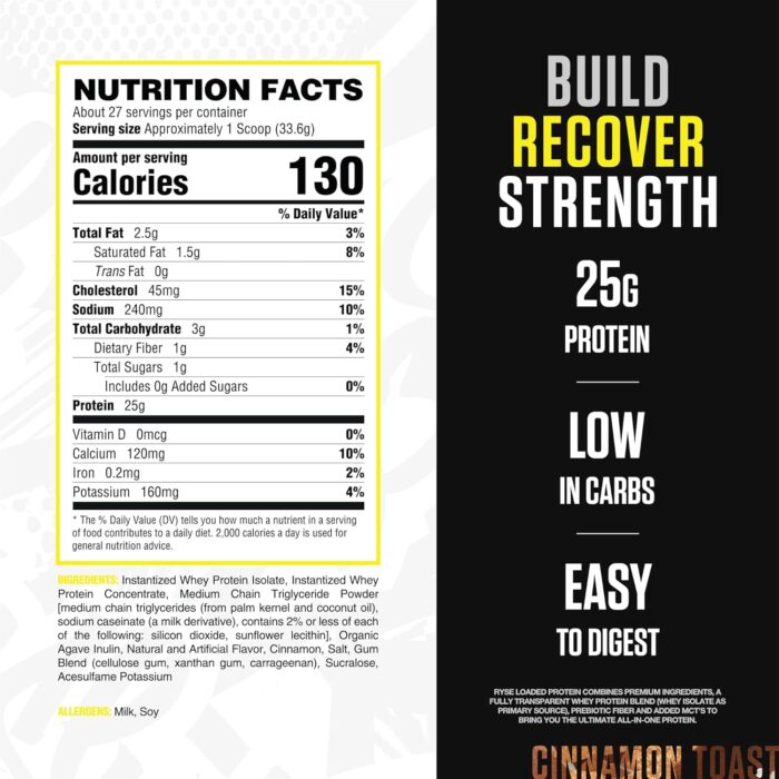RYSE Loaded Protein Powder - Cinnamon Toast - 25g Whey Protein Isolate & Concentrate with Prebiotic Fiber & MCTs - Low Carb, Low Sugar, Digestive-Friendly - 27 Servings / 2 lb Tub - Image 3