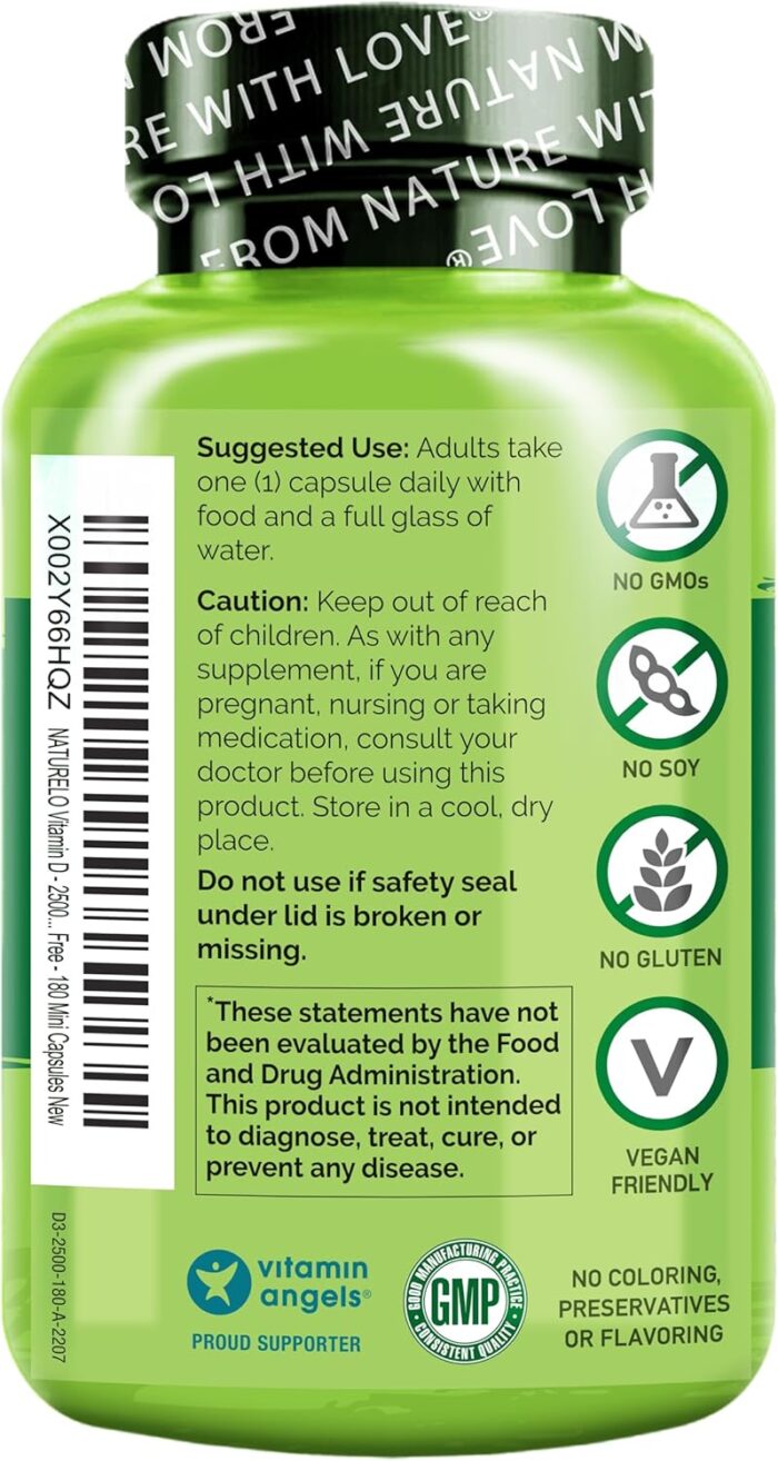 NATURELO Vitamin D - 2500 IU - Plant Based from Lichen - Natural D3 Supplement for Immune System, Bone Support, Joint Health - Vegan - Non-GMO - Gluten Free - 180 Capsules - Image 3