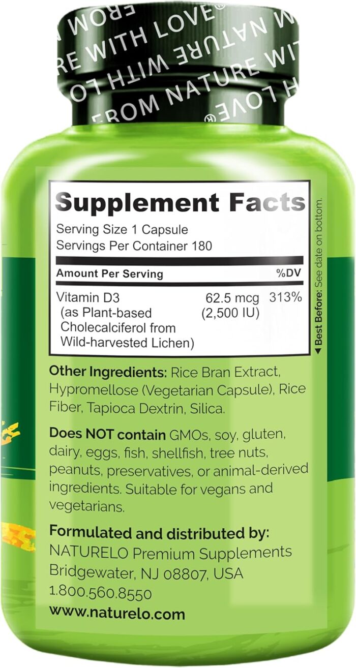 NATURELO Vitamin D - 2500 IU - Plant Based from Lichen - Natural D3 Supplement for Immune System, Bone Support, Joint Health - Vegan - Non-GMO - Gluten Free - 180 Capsules - Image 4