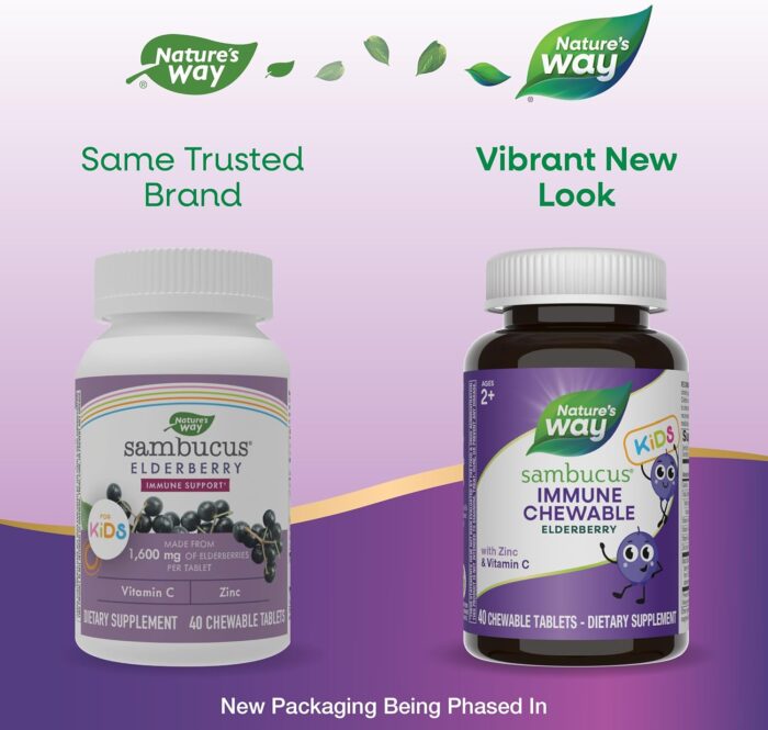 Nature's Way Sambucus Immune Chewable for Kids, Elderberry, Ages 2+, Immune Support*, Vitamins C & A, Zinc, Gluten Free, 40 Chewable Tablets (Packaging May Vary) - Image 3