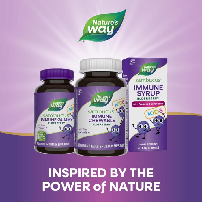 Nature's Way Sambucus Immune Chewable for Kids, Elderberry, Ages 2+, Immune Support*, Vitamins C & A, Zinc, Gluten Free, 40 Chewable Tablets (Packaging May Vary) - Image 8