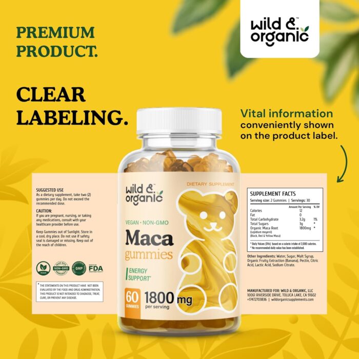 Wild & Organic Maca Root Gummies 1800mg - Yellow, Red, Black Maca Powder Chews for Overall and Mood Support - Peruvian Supplement for Men and Women - 60 Vegan, Non-GMO Gummies - Image 9