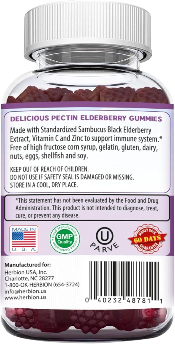 HERBION Elderberry Gummies with Vitamin C & Zinc - Healthy Immune System Support - Gluten-Free & Gelatin-Free - 60 Gummies for Adults & Children 4 Years & Above - Made in USA, 60 Count (Pack of 1) - Image 3