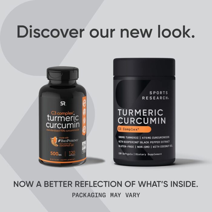 Sports Research Turmeric Curcumin C3 Complex - Softgels with Bioperine Black Pepper Extract & Organic Coconut Oil, Standardized 95% Curcuminoids - Non-GMO Verified & Gluten Free - 500mg, 120 Count - Image 3