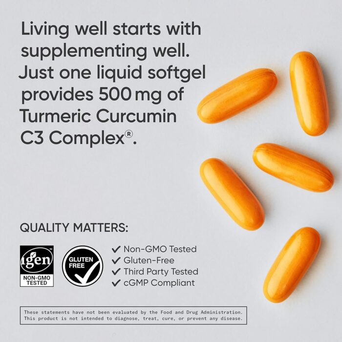 Sports Research Turmeric Curcumin C3 Complex - Softgels with Bioperine Black Pepper Extract & Organic Coconut Oil, Standardized 95% Curcuminoids - Non-GMO Verified & Gluten Free - 500mg, 120 Count - Image 5