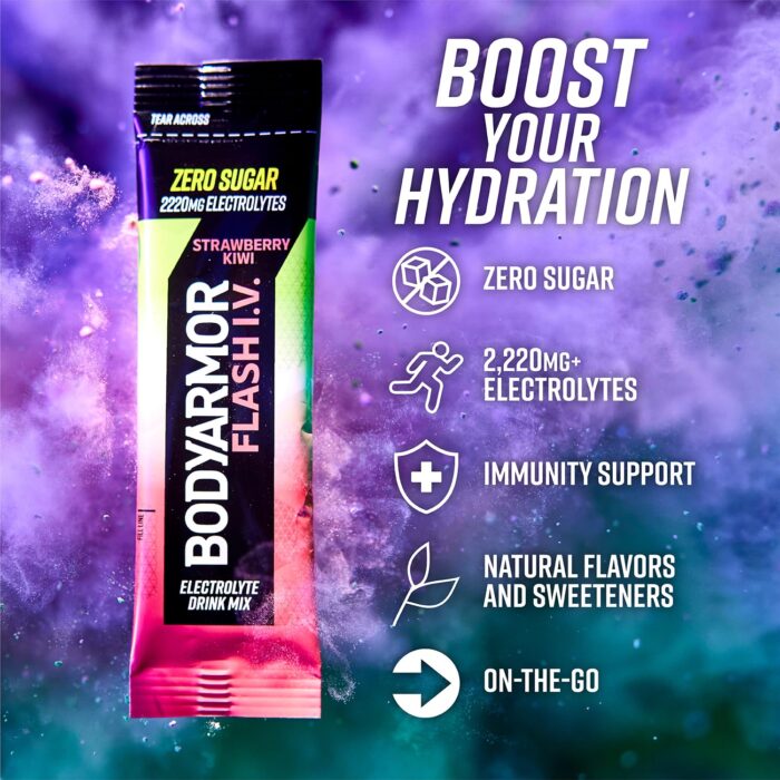 BODYARMOR Flash IV Electrolyte Packets, Strawberry Kiwi - Zero Sugar Drink Mix, Single Serve Packs, Coconut Water Powder (6 Count) - Image 3