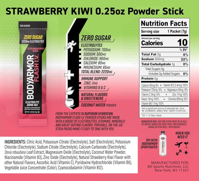 BODYARMOR Flash IV Electrolyte Packets, Strawberry Kiwi - Zero Sugar Drink Mix, Single Serve Packs, Coconut Water Powder (6 Count) - Image 4