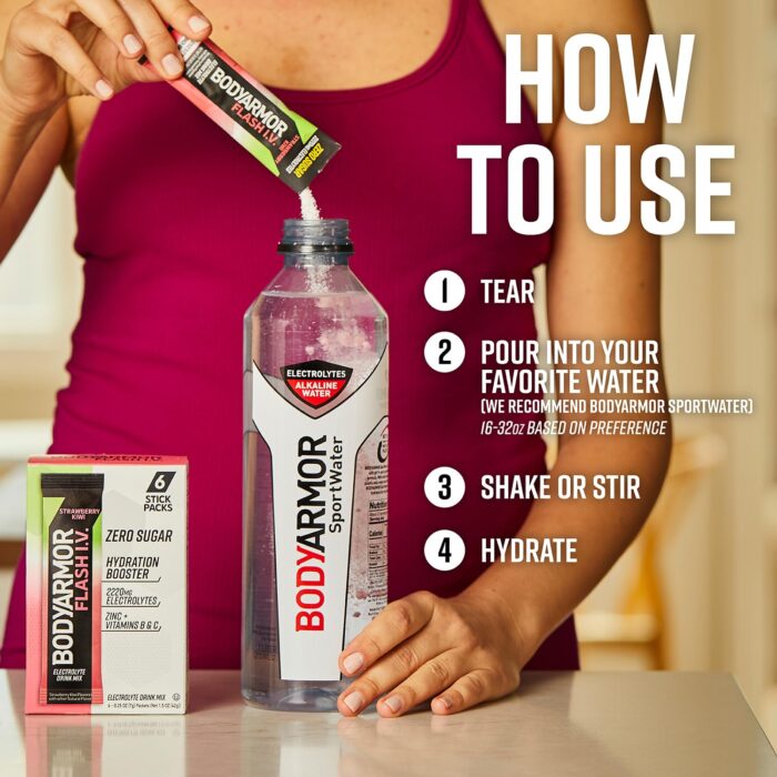 BODYARMOR Flash IV Electrolyte Packets, Strawberry Kiwi - Zero Sugar Drink Mix, Single Serve Packs, Coconut Water Powder (6 Count) - Image 7
