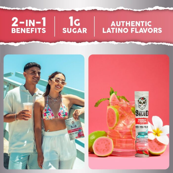 Salud 2-in-1 Energy Drink Powder + Focus, Guava, Organic Caffeine, B6 + B12, Theanine, Clean Energy Drink Packets, Guayaba Agua Fresca Mix, Non-GMO, Gluten Free, Vegan, 1g of Sugar, (15 Servings) - Image 3