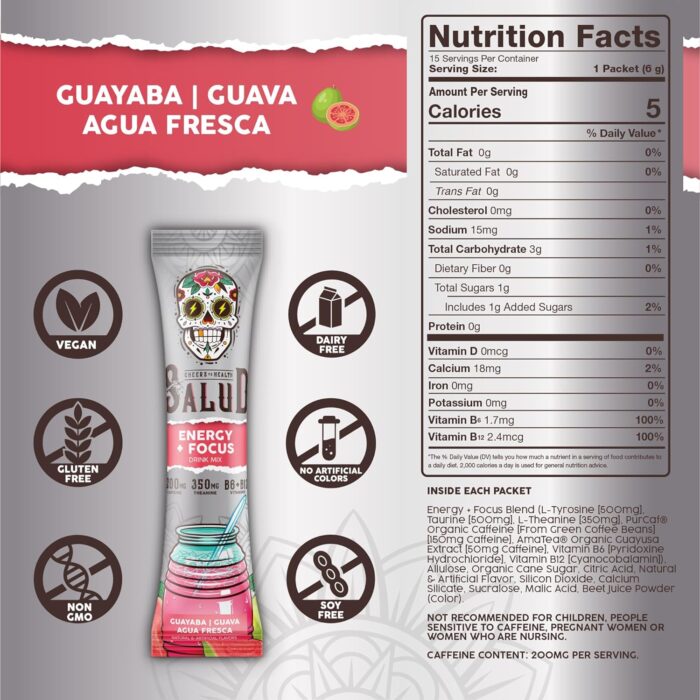 Salud 2-in-1 Energy Drink Powder + Focus, Guava, Organic Caffeine, B6 + B12, Theanine, Clean Energy Drink Packets, Guayaba Agua Fresca Mix, Non-GMO, Gluten Free, Vegan, 1g of Sugar, (15 Servings) - Image 4