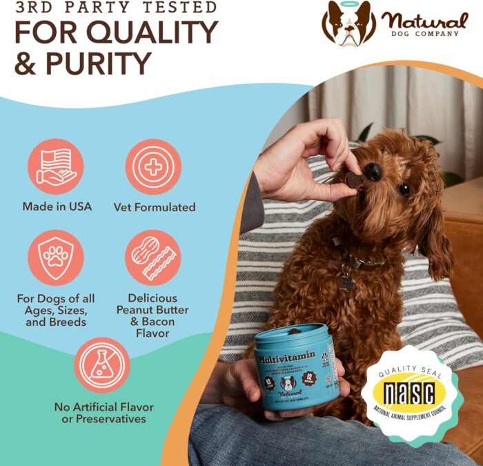 Natural Dog Company Multivitamin Chews (90 Pieces), Dog Vitamins and Supplements, Peanut Butter & Bacon Flavor, for Dogs of All Ages, Sizes, & Breeds, Supports Immune System, Antioxidant - Image 9