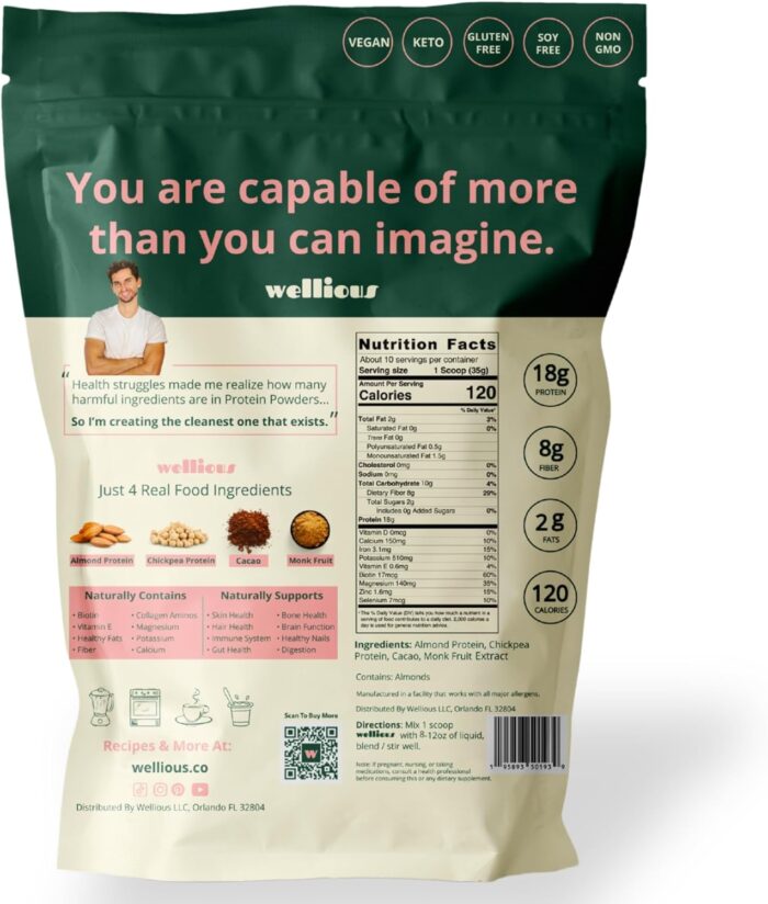 Clean Vegan Protein Powder Chocolate - Plant Based Protein Powder Dairy Free for Gut Health, No Sodium, High Fiber, Keto Friendly, Non Dairy, Lactose Free - Image 3