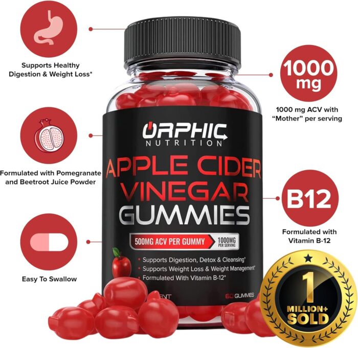 Apple Cider Vinegar Gummies - 1000mg - Formulated to Support Normal Energy Levels & Gut Health - Supports Digestion, Detox & Cleansing - ACV Gummies W/VIT B12, Beetroot (60 Count) - Image 3