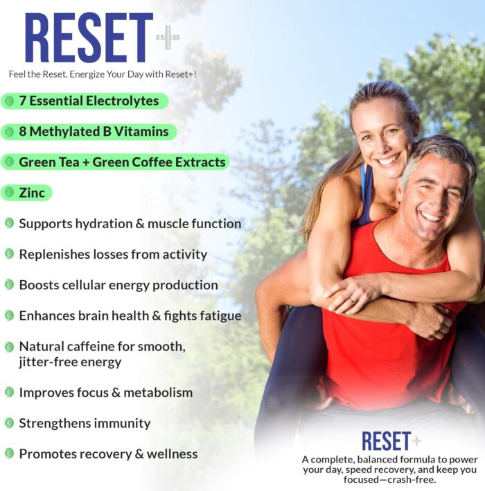 Reset+ 7 Energy Electrolytes, High Methyl B12, Methyl Folate, Pink Salt, High Magnesium, Super B Complex, Green Tea & Green Coffee Extracts, Biotin, Zinc, 72 Trace Minerals - Image 3