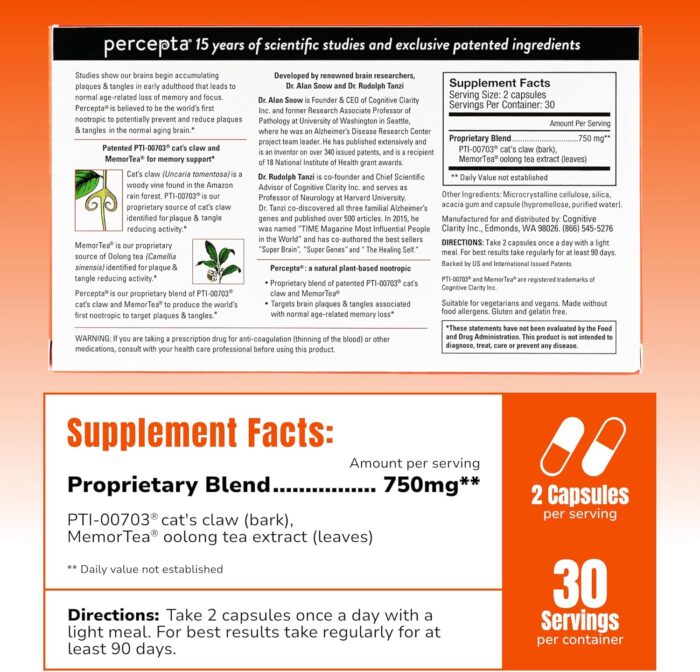 Percepta Plant-Based Memory Support - Natural Nootropic Brain Booster - Memory, Focus, Concentration - 30 Day Supply - Image 3