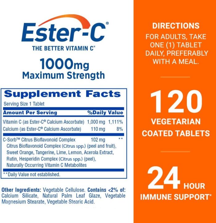 Ester-C Vitamin C 1000 mg Coated Tablets, Immune System Booster, Stomach-Friendly Supplement, 120 Count - Image 3