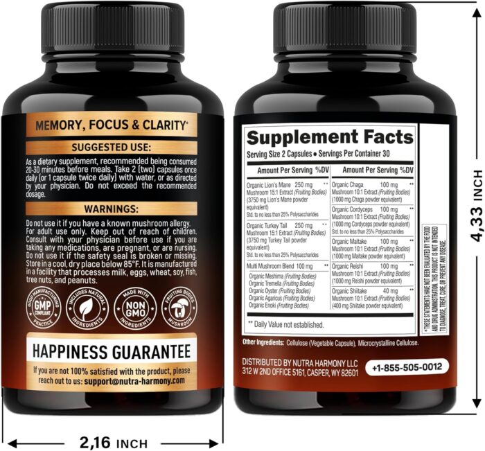 Mushroom Supplement - Organic Lions Mane | Turkey Tail | Chaga | Cordyceps | Reishi | Maitake | Shiitake | Meshima | Tremella | Oyster | Agaricus - Made in USA - Non GMO, Gluten Free - 60 Capsules - Image 3