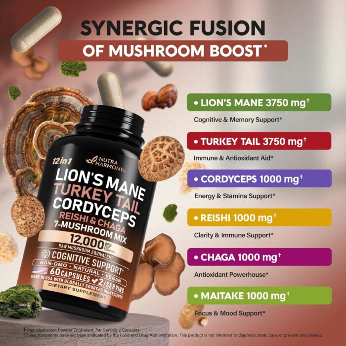 Mushroom Supplement - Organic Lions Mane | Turkey Tail | Chaga | Cordyceps | Reishi | Maitake | Shiitake | Meshima | Tremella | Oyster | Agaricus - Made in USA - Non GMO, Gluten Free - 60 Capsules - Image 5