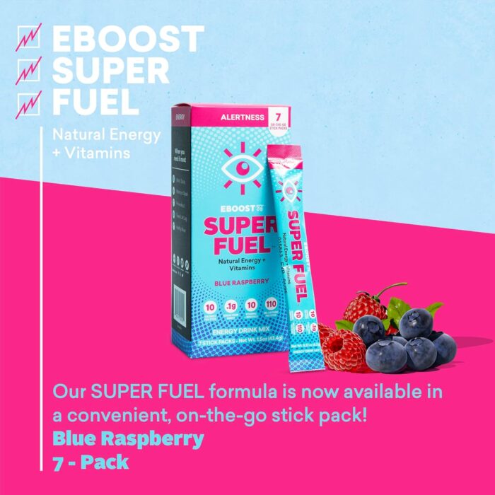 EBOOST Energy Drink Powder, Super Fuel - Blue Raspberry, 7 Packets - Pre-Workout Powder Energy Drink Mix - Natural Energy, L-Tyrosine, L-Theanine & Vitamins - Preworkout for Women & Men to Go - Image 3
