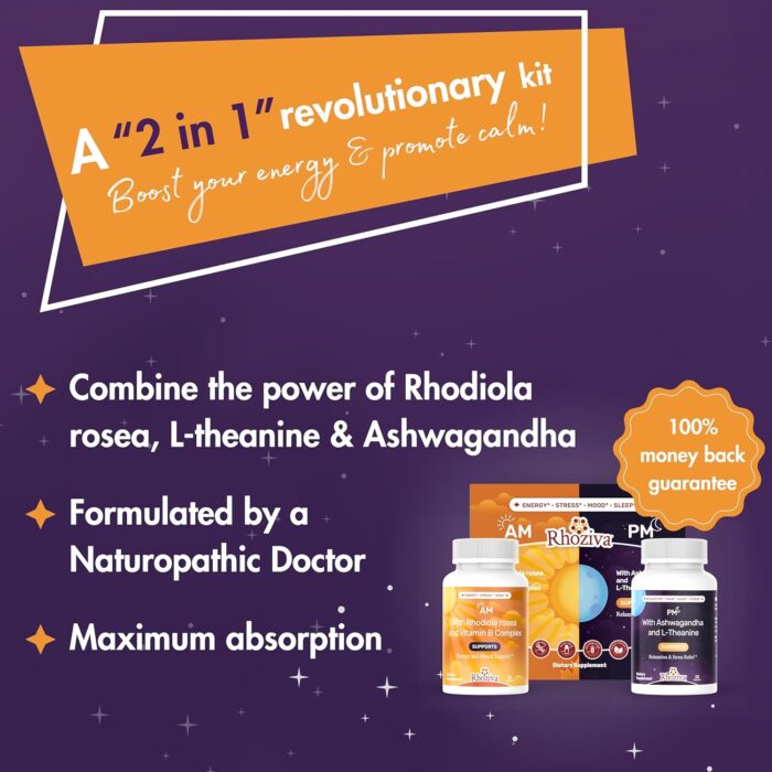 AM PM Supplement - Cortisol Manager with Rhodiola Rosea, Ashwagandha & L-Theanine 200mg - Vitamin B Complex - Nootropics - Daytime Energy, Night Time Multivitamin for Adults - Focus, Energy, & Support - Image 3