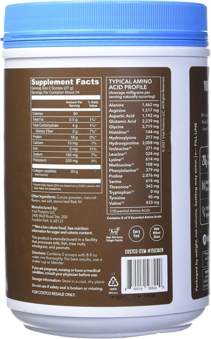 Vital Protein Collagen Peptides, Pasture Raised, Grass Fed, Paleo Friendly, Gluten / Zero Sugar Dairy Free, Chocolate, 32.56 Oz - Image 3