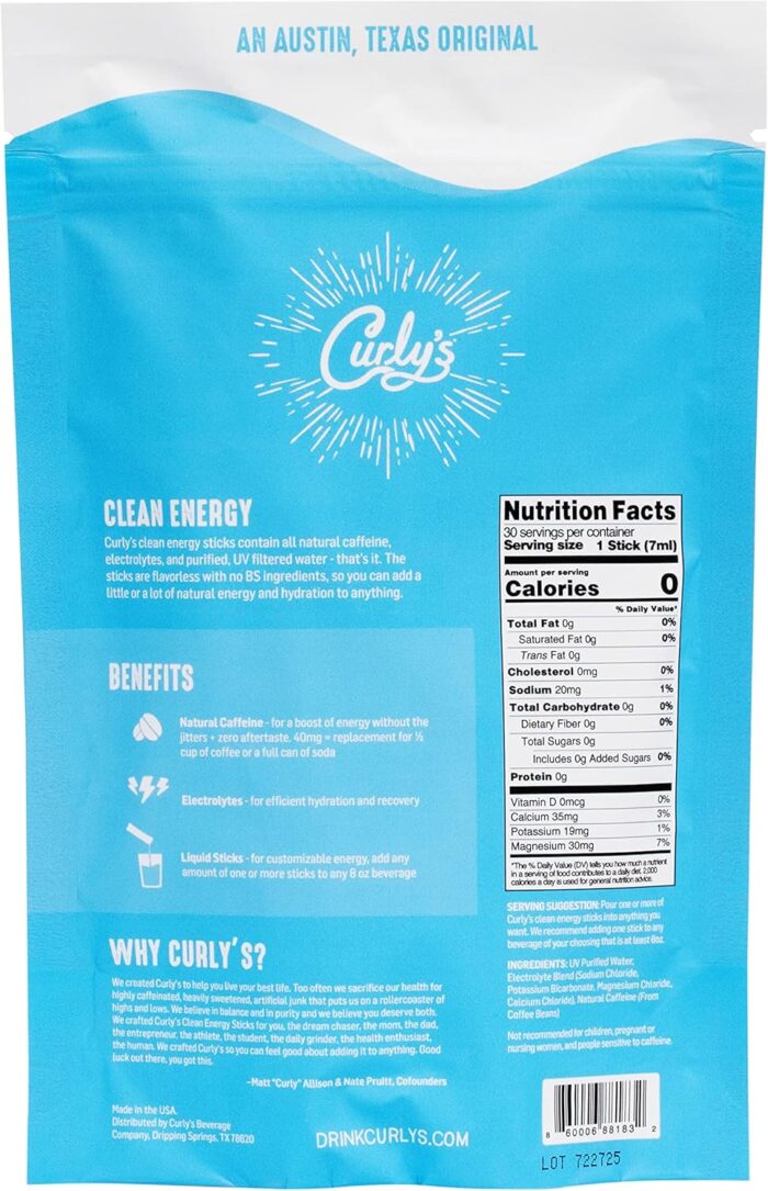 Curly's Clean Energy Caffeine & Electrolyte Sticks - Energize Your Favorite Drink - Keto, Paleo & Whole 30 Friendly - All Natural - No Sugar, No Calories, Non-GMO - 30 Flavorless Liquid Stick Packs - Image 3