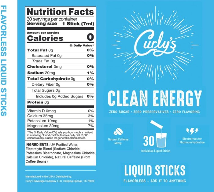 Curly's Clean Energy Caffeine & Electrolyte Sticks - Energize Your Favorite Drink - Keto, Paleo & Whole 30 Friendly - All Natural - No Sugar, No Calories, Non-GMO - 30 Flavorless Liquid Stick Packs - Image 4