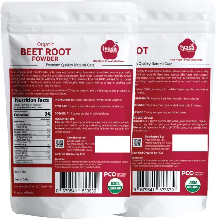 Iyasa Organic Beet Root Powder, Plant Based, Vegan, Gluten-Free, Beetroot Superfood, Nitric Oxide Boost, Pre Post Workout Supplement, Baking and Cooking 1 lb 16 oz 453 gm - Image 3