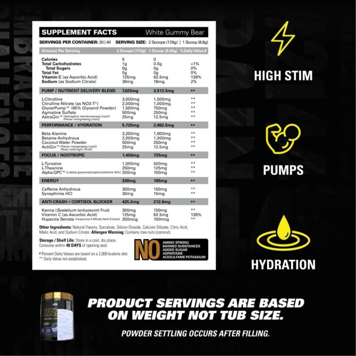 EHP Labs Hectic PreWorkout - High Stim Advanced Pre Workout Powder for Max Performance - Caffeine, Beta Alanine, Coconut Water - Energy, Pump, Recovery & Hydration - 40 Serves (White Gummy) - Image 5