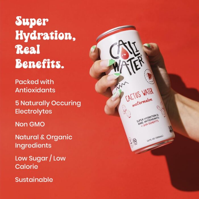 Caliwater - Organic Cactus Water - Watermelon - 5g Sugar, 35 Calories - Half Sugar of Coconut Water - Natural Plant Based Hydration - Skin Care, Electrolyte Drinks - Flavored Water Beverages - 12 Cans - Image 3