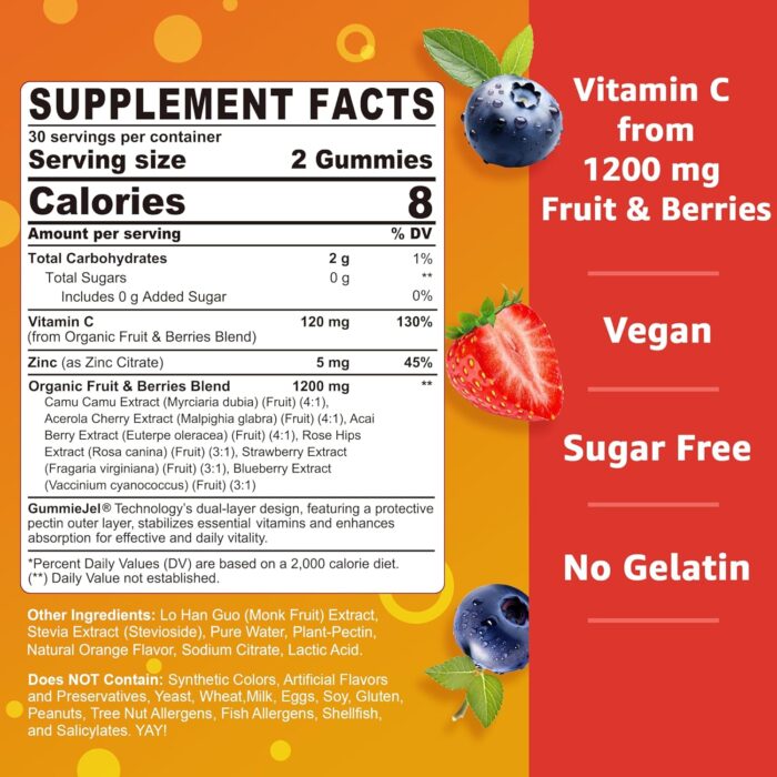 Whole Food Vitamin C Gummies for Adults & Kids (Made in USA) Zero Sugar, Natural Antioxidants, Bioflavonoids, Organic Chewable Vitamin C Supplement from Berries & Fruits for Immune, Vegan, 60 Cts - Image 3