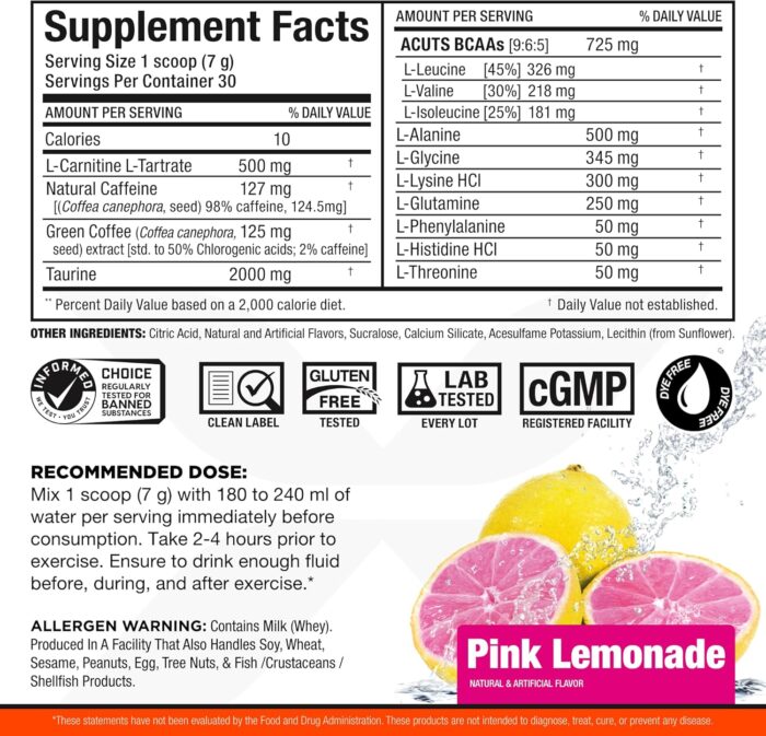 ALLMAX Nutrition AMINOCUTS (ACUTS), Amino-Charged Energy Drink with Taurine, L-Carnitine, Green Coffee Bean Extract, Pink Lemonade, 30 Servings - Image 3