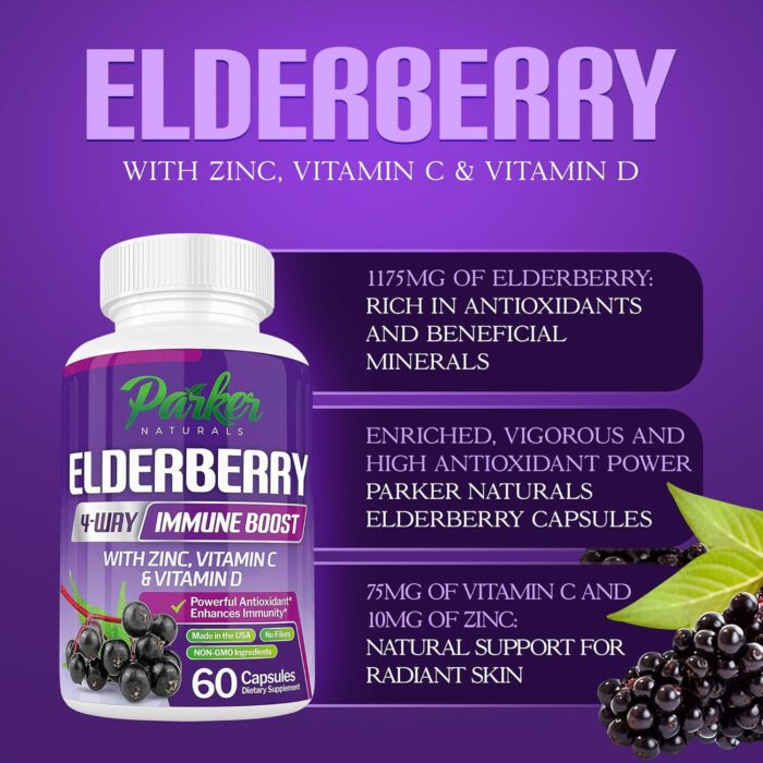 Organic Elderberry Capsules, 4-Way Immune Boost, Vitamins C, D, and Zinc Support, 1260.1 mg Elderberry Supplements for Adults, 60 Capsules - Image 4